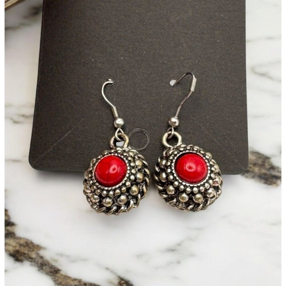 Vintage Silver Tone Red Dangle Earrings Faux Stone Ornate Frame Retro Elegant